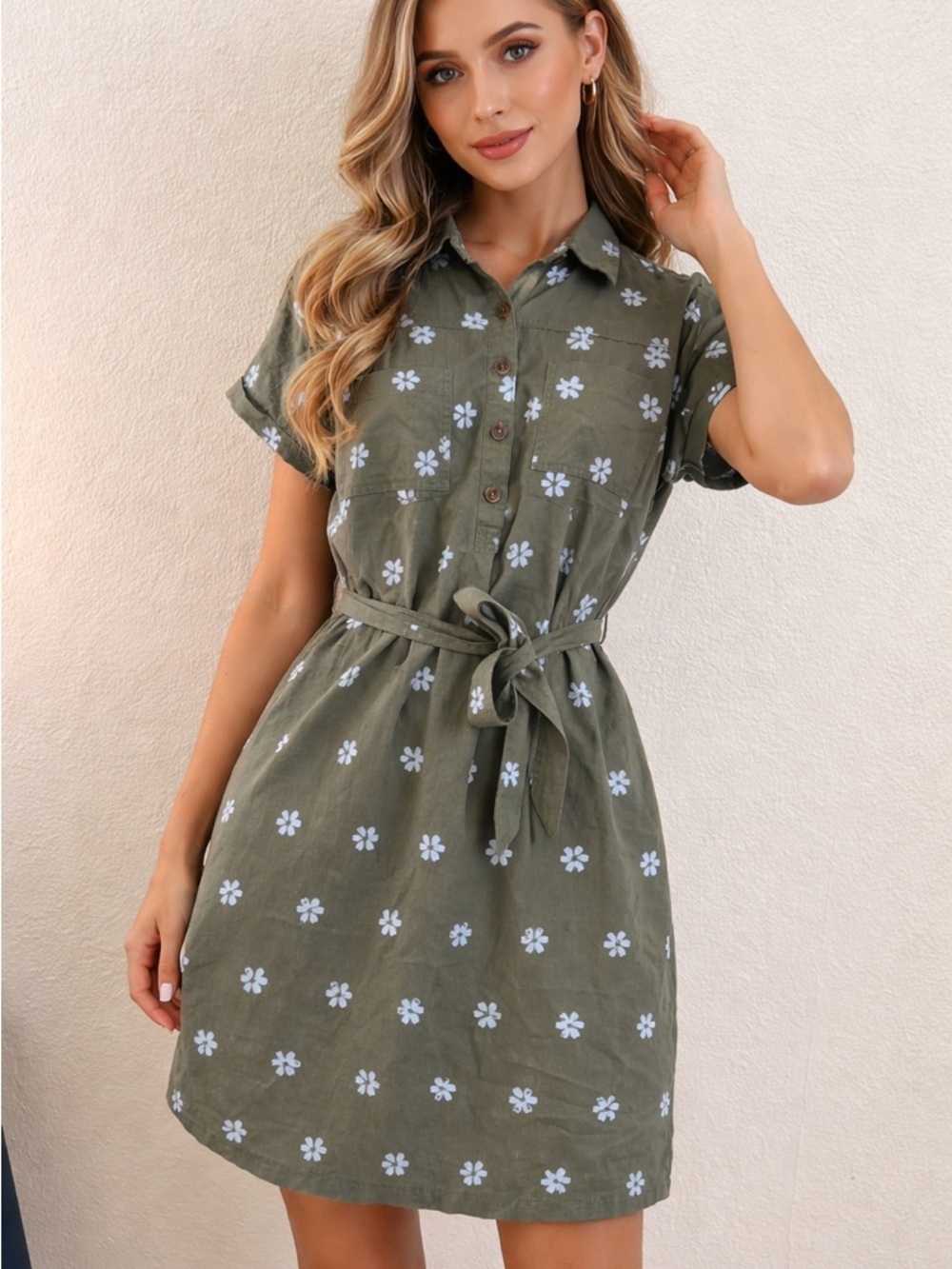 Sonoma Olive Mini Shirt Dress with White Floral Print, size:M